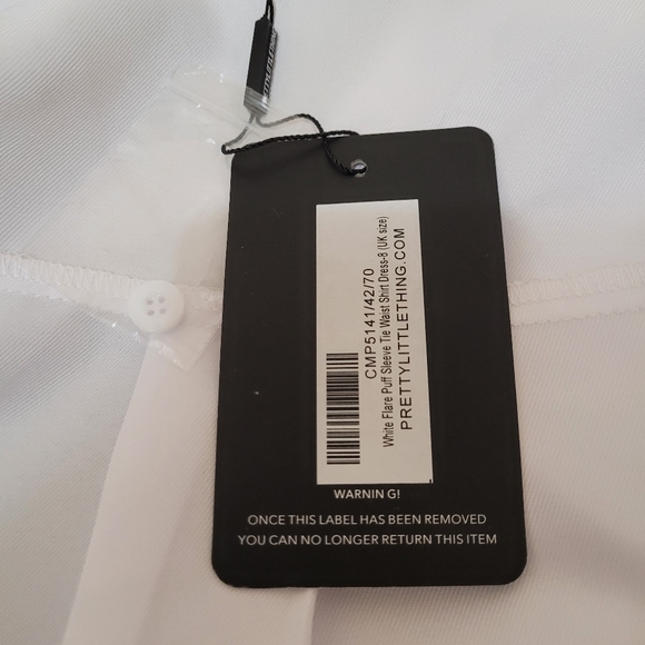 PrettyLittleThing White Flare Puff Sleeve Tie Waist Shirt Dress size 4 - Picture 12 of 13